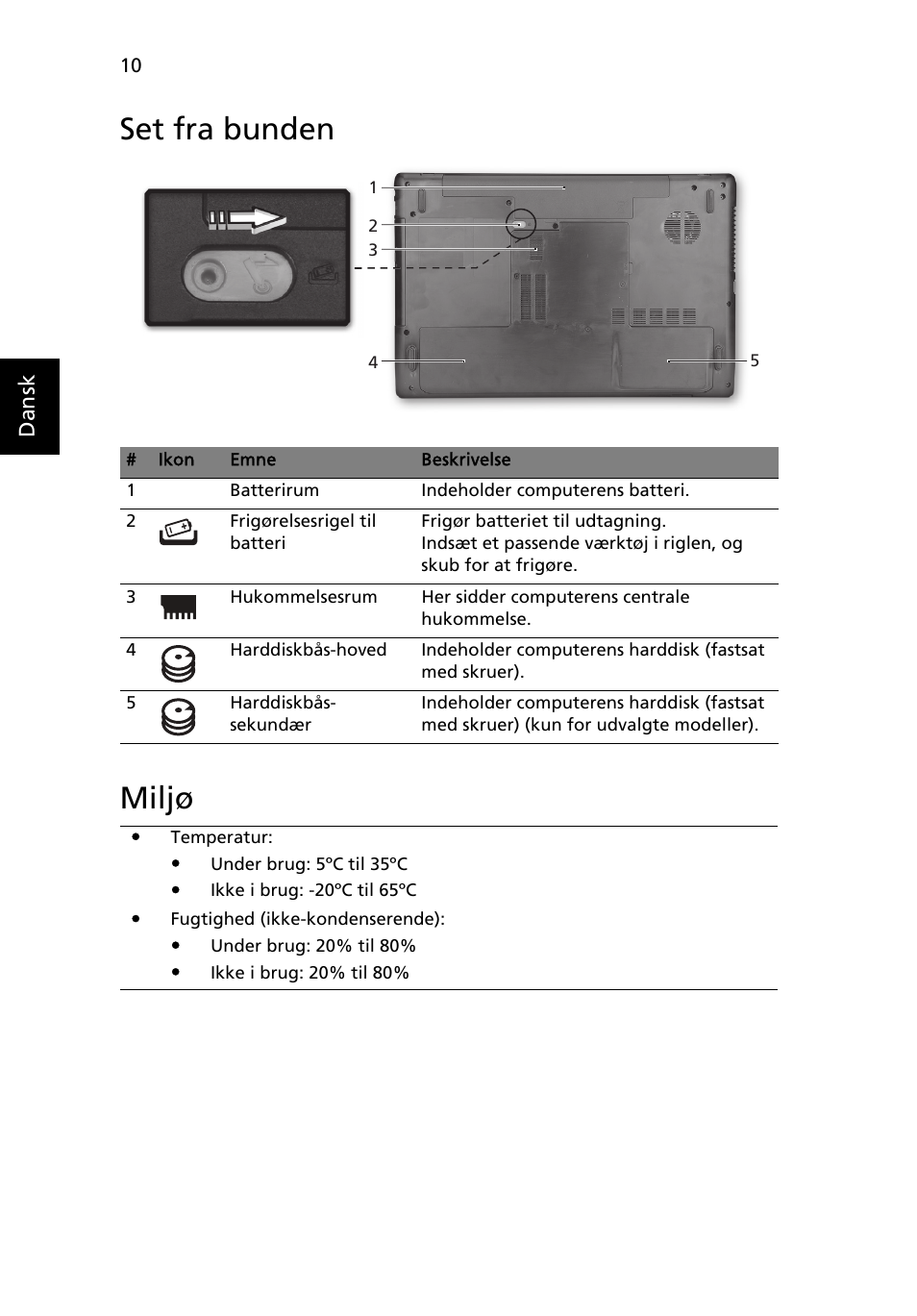 Set fra bunden, Miljø, Set fra bunden miljø | Acer Aspire 7750ZG User Manual | Page 96 / 316