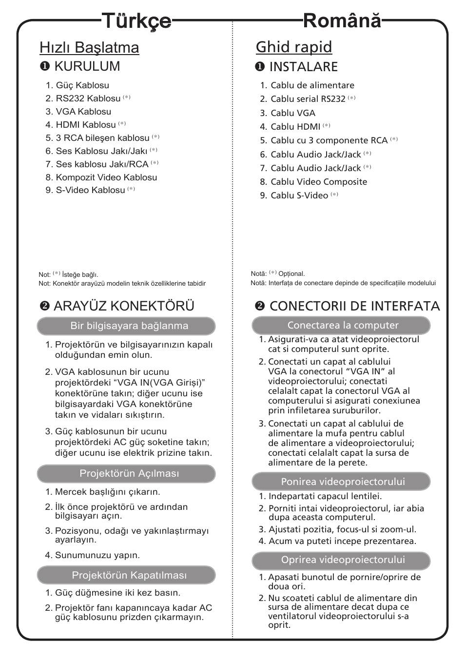 Türkçe, Română, Hızlı başlatma | Ghid rapid, Kurulum, Arayüz konektörü, Instalare, Conectorii de interfata | Acer H5360BD User Manual | Page 10 / 19