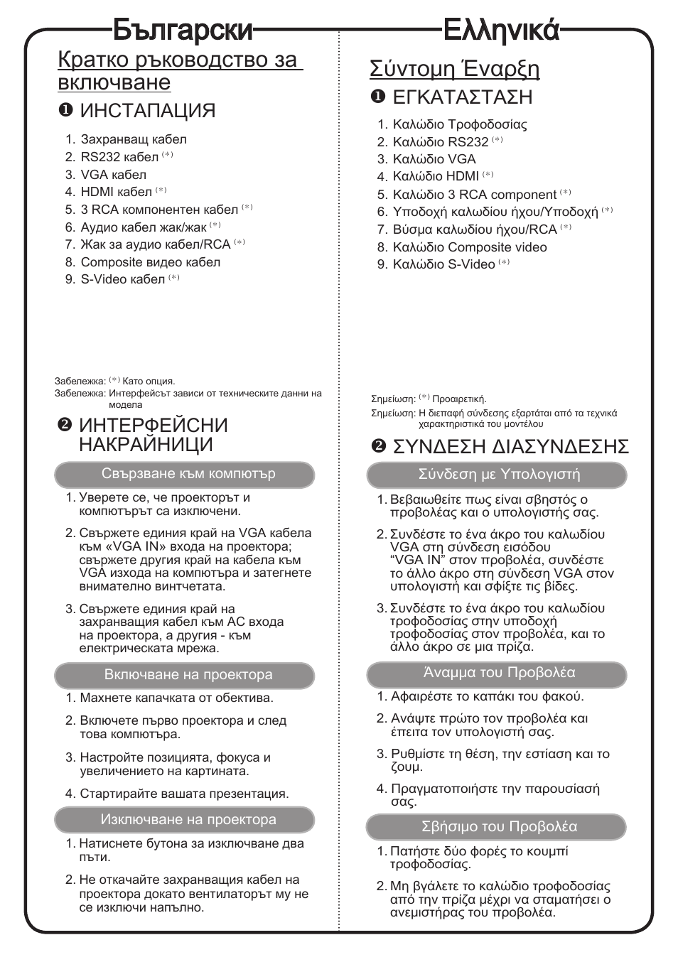 Ελληνικά, Български, Σύντομη έναρξη | Кратко ръководство за включване, Εγκατaσταση, Συνδεση διασυνδεσησ, Иhctaпaция, Интерфейсни накрайници | Acer H5360BD User Manual | Page 14 / 19