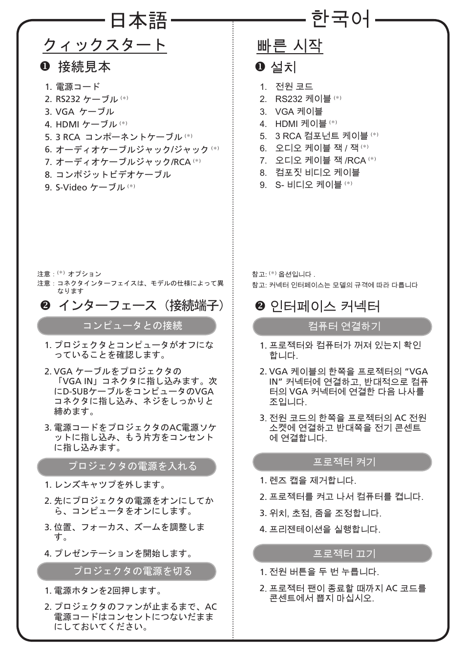 クィックスタート, 빠른 시작, 接続見本 | インターフェース（接続端子, 인터페이스 커넥터 | Acer H5360BD User Manual | Page 18 / 19