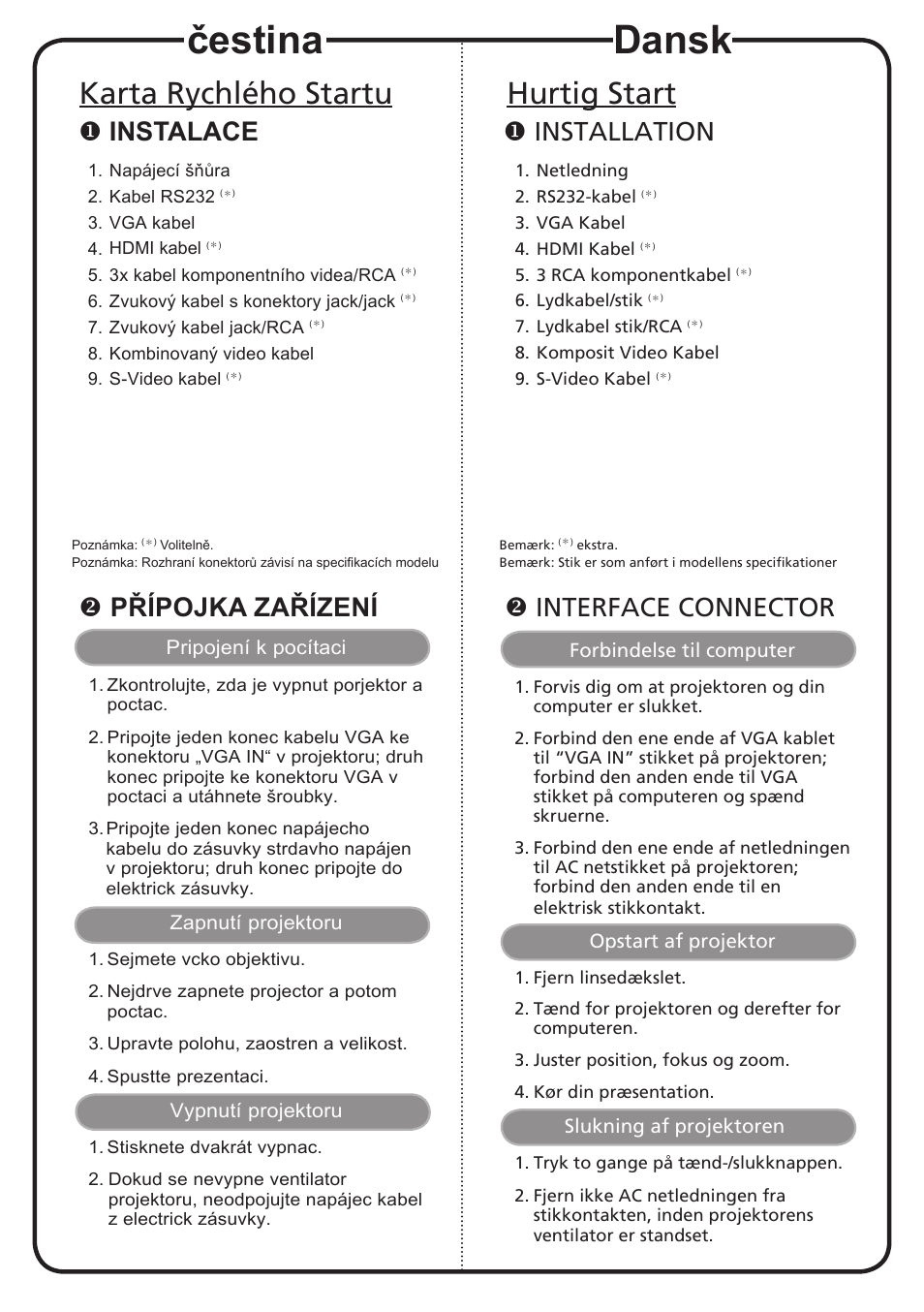 Dansk, Čestina, Hurtig start | Karta rychlého startu, Installation, Interface connector, Instalace, Přípojka zařízení | Acer H5360BD User Manual | Page 3 / 19