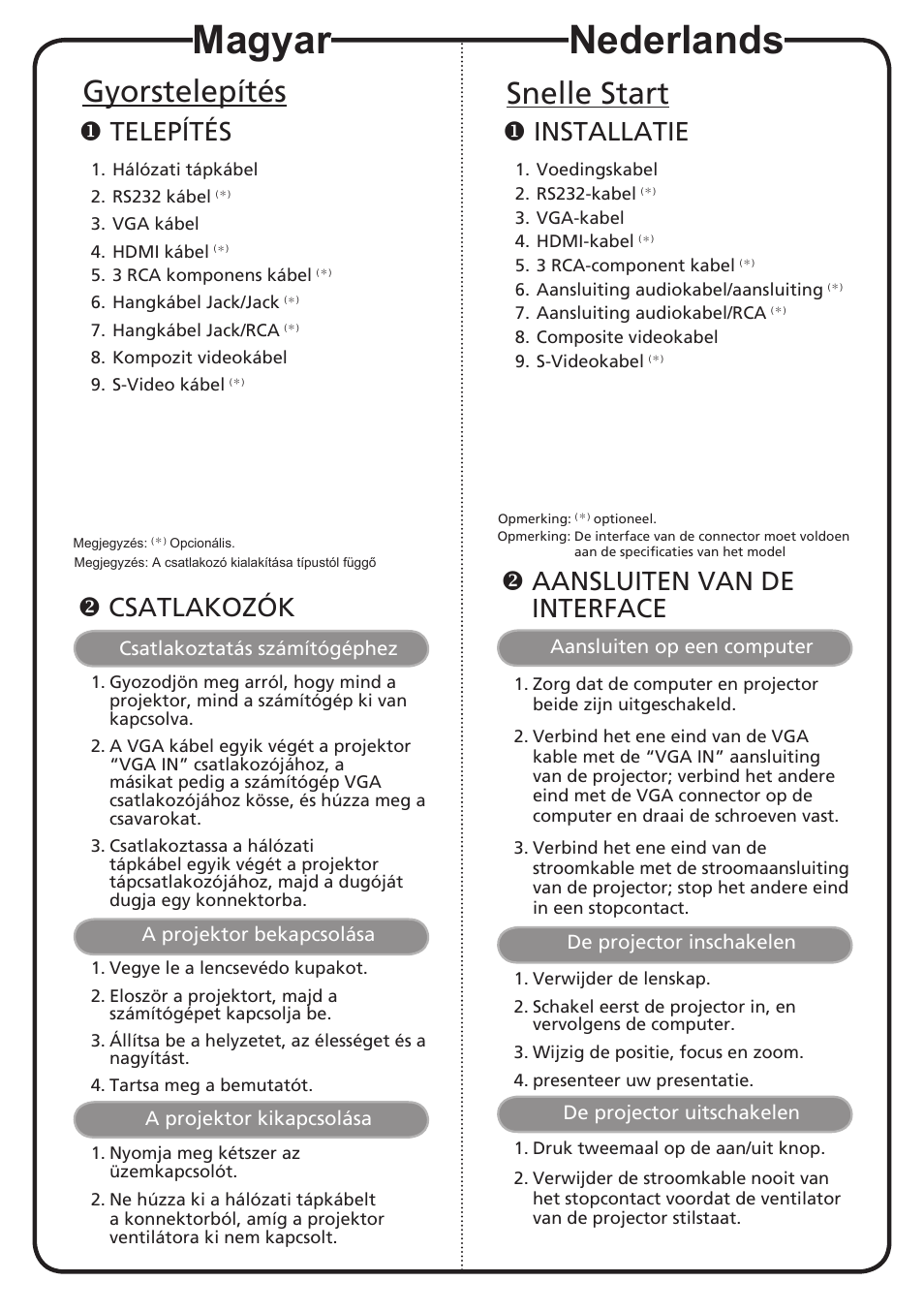 Nederlands, Magyar, Snelle start | Gyorstelepítés, Installatie, Aansluiten van de interface, Telepítés, Csatlakozók | Acer H5360BD User Manual | Page 7 / 19