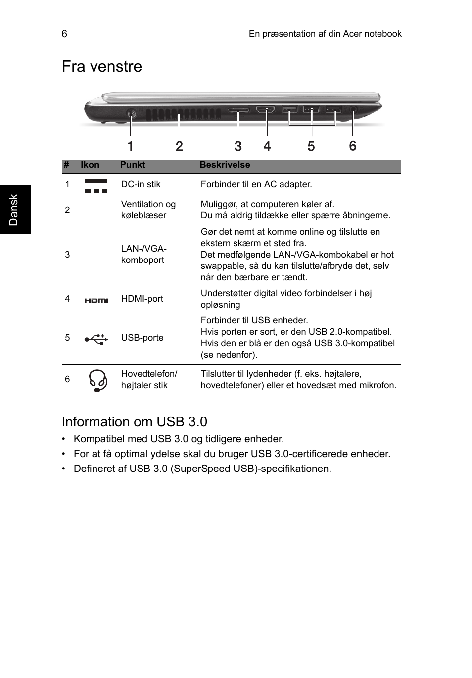 Fra venstre, Information om usb 3.0 | Acer Aspire V5-471PG User Manual | Page 105 / 357