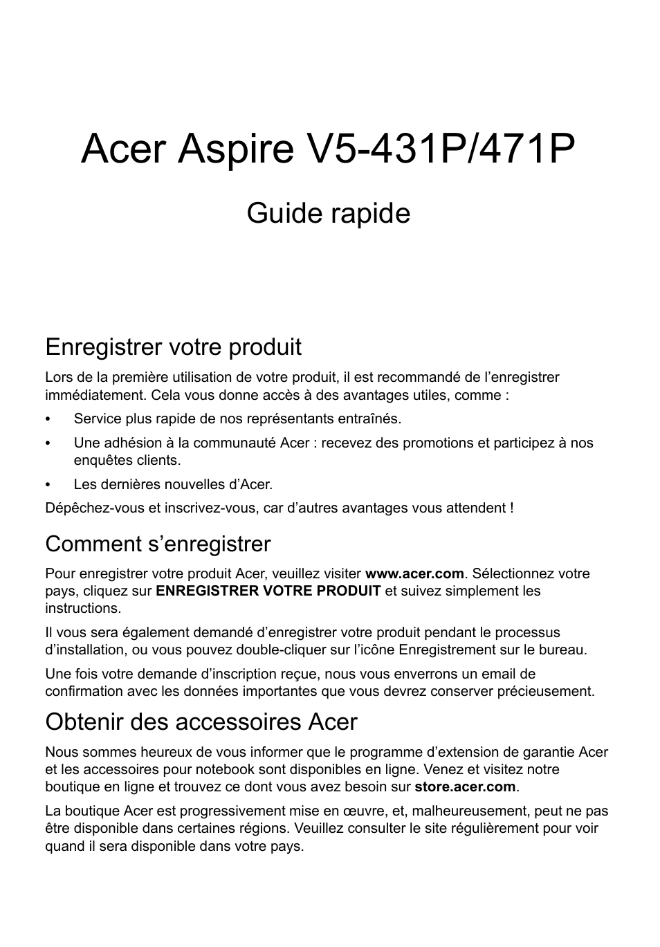 Français, Enregistrer votre produit, Comment s’enregistrer | Obtenir des accessoires acer, Guide rapide | Acer Aspire V5-471PG User Manual | Page 13 / 357