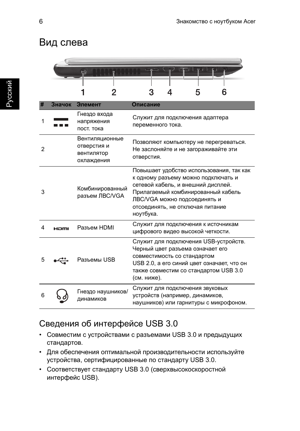 Вид слева, Сведения об интерфейсе usb 3.0 | Acer Aspire V5-471PG User Manual | Page 141 / 357