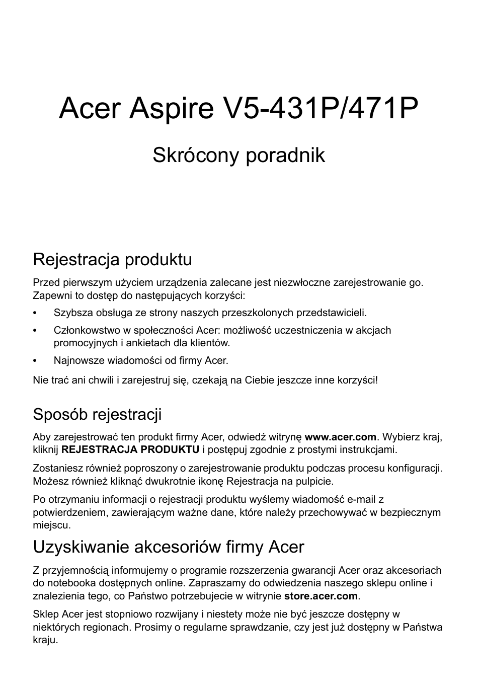 Polski, Rejestracja produktu, Sposób rejestracji | Uzyskiwanie akcesoriów firmy acer, Skrócony poradnik | Acer Aspire V5-471PG User Manual | Page 148 / 357