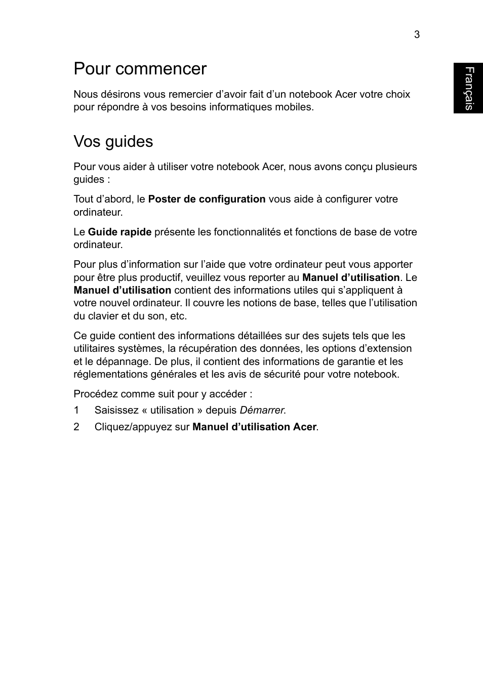 Pour commencer, Vos guides, Français | Acer Aspire V5-471PG User Manual | Page 15 / 357