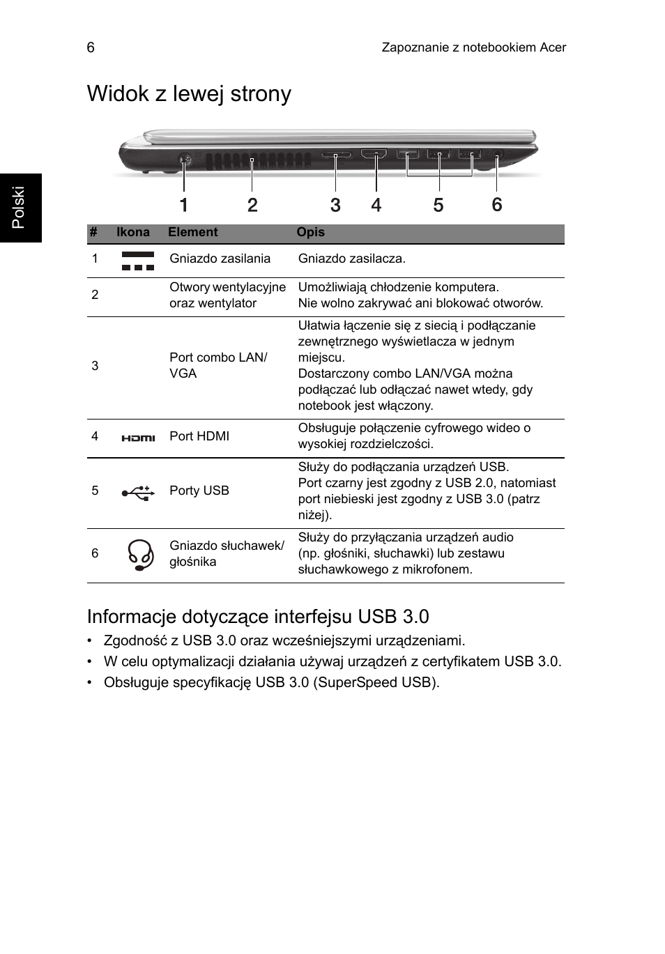 Widok z lewej strony, Informacje dotyczące interfejsu usb 3.0 | Acer Aspire V5-471PG User Manual | Page 153 / 357