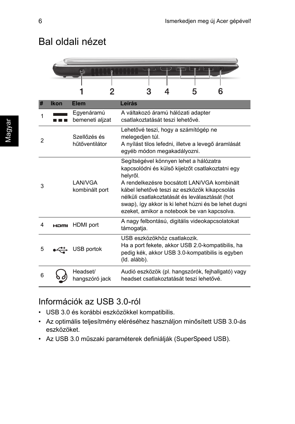 Bal oldali nézet, Információk az usb 3.0-ról | Acer Aspire V5-471PG User Manual | Page 165 / 357