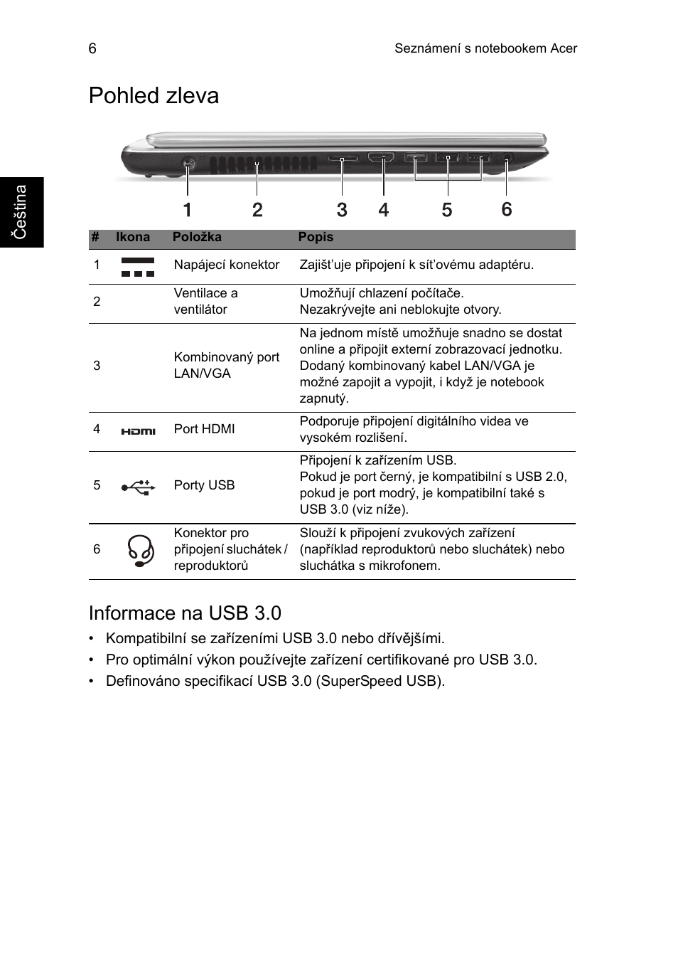 Pohled zleva, Informace na usb 3.0 | Acer Aspire V5-471PG User Manual | Page 177 / 357