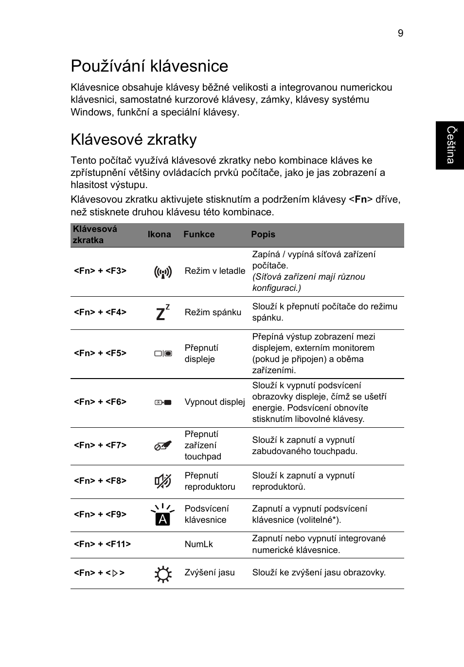 Používání klávesnice, Klávesové zkratky | Acer Aspire V5-471PG User Manual | Page 180 / 357