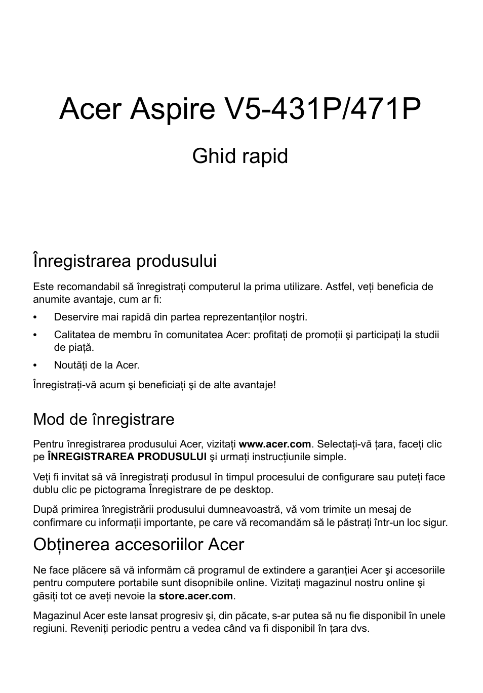 Română, Înregistrarea produsului, Mod de înregistrare | Obţinerea accesoriilor acer, Ghid rapid | Acer Aspire V5-471PG User Manual | Page 220 / 357