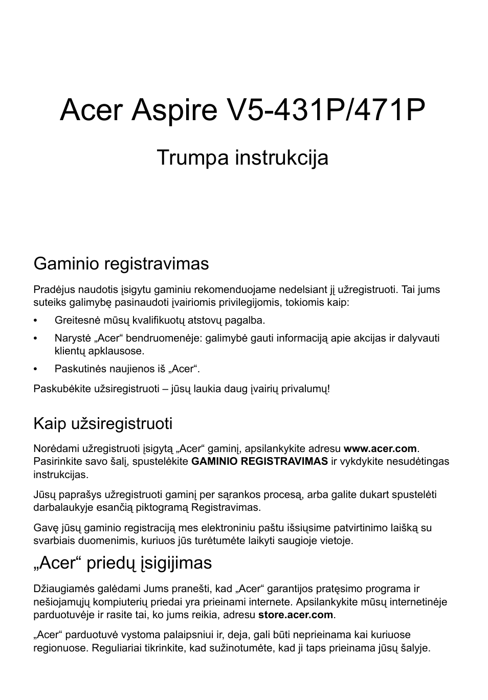Lietuviškai, Gaminio registravimas, Kaip užsiregistruoti | Acer“ priedų įsigijimas, Trumpa instrukcija | Acer Aspire V5-471PG User Manual | Page 268 / 357