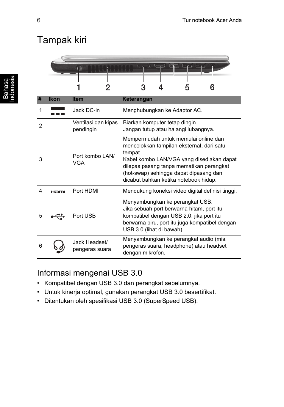 Tampak kiri, Informasi mengenai usb 3.0 | Acer Aspire V5-471PG User Manual | Page 341 / 357