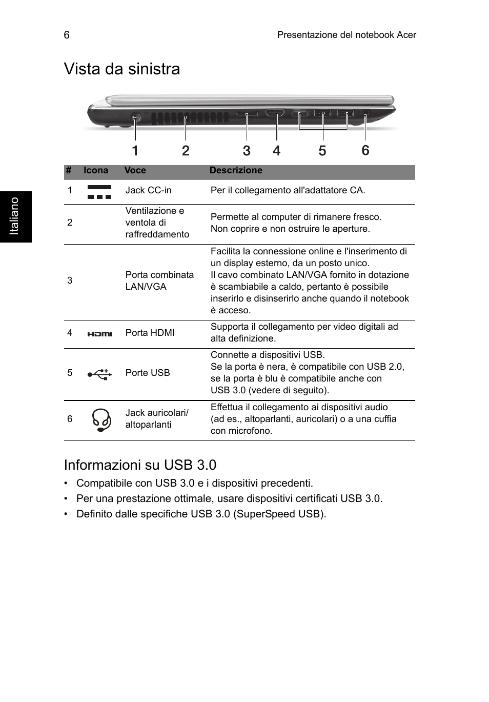 Vista da sinistra, Informazioni su usb 3.0 | Acer Aspire V5-471PG User Manual | Page 42 / 357