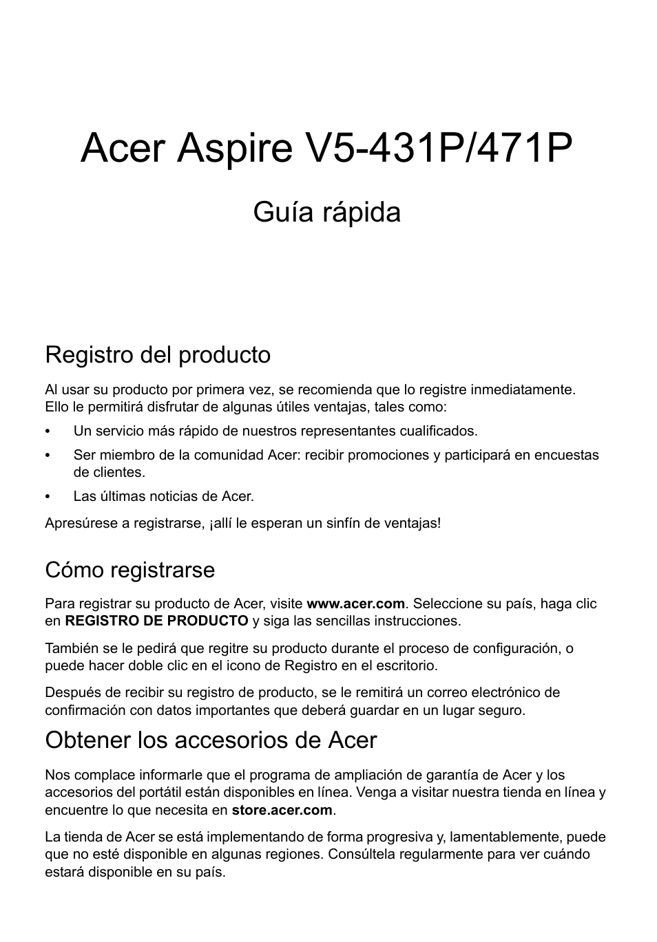 Acer aspire v5-431p/471p, Registro del producto, Cómo registrarse | Obtener los accesorios de acer, Guía rápida | Acer Aspire V5-471PG User Manual | Page 49 / 357