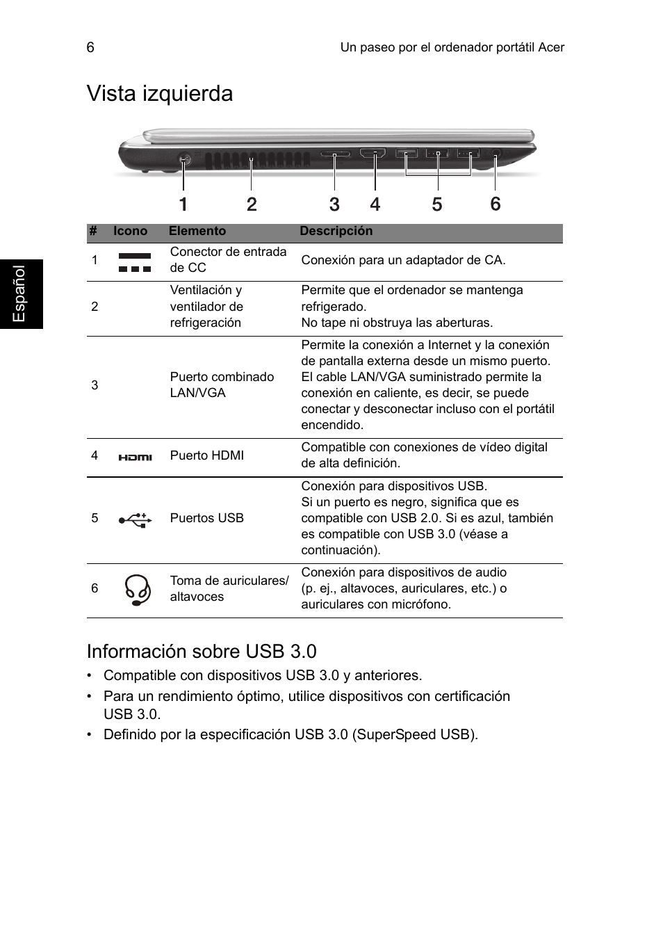 Vista izquierda, Información sobre usb 3.0 | Acer Aspire V5-471PG User Manual | Page 54 / 357