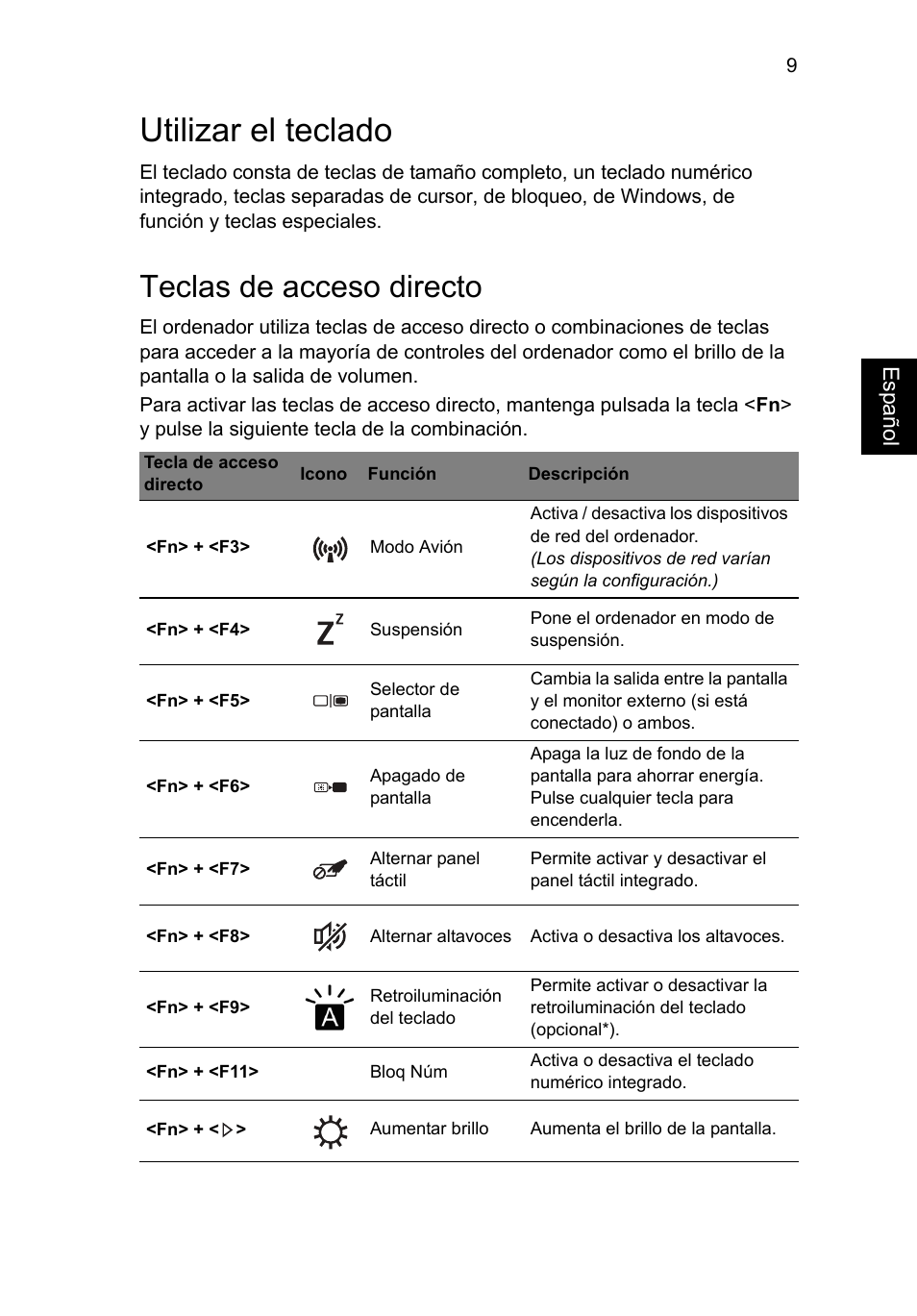Utilizar el teclado, Teclas de acceso directo | Acer Aspire V5-471PG User Manual | Page 57 / 357
