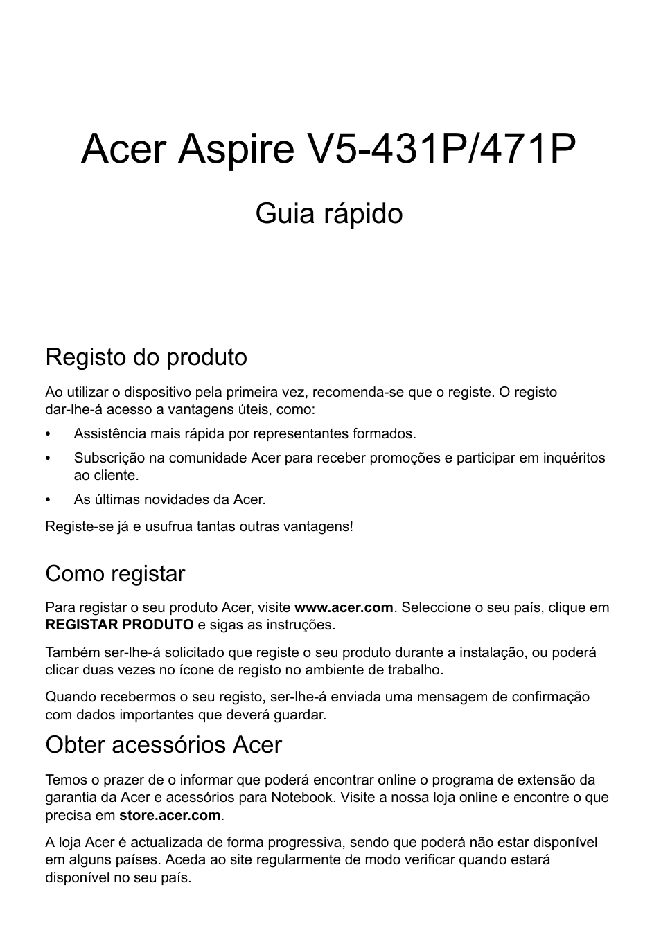 Português, Registo do produto, Como registar | Obter acessórios acer, Guia rápido | Acer Aspire V5-471PG User Manual | Page 64 / 357