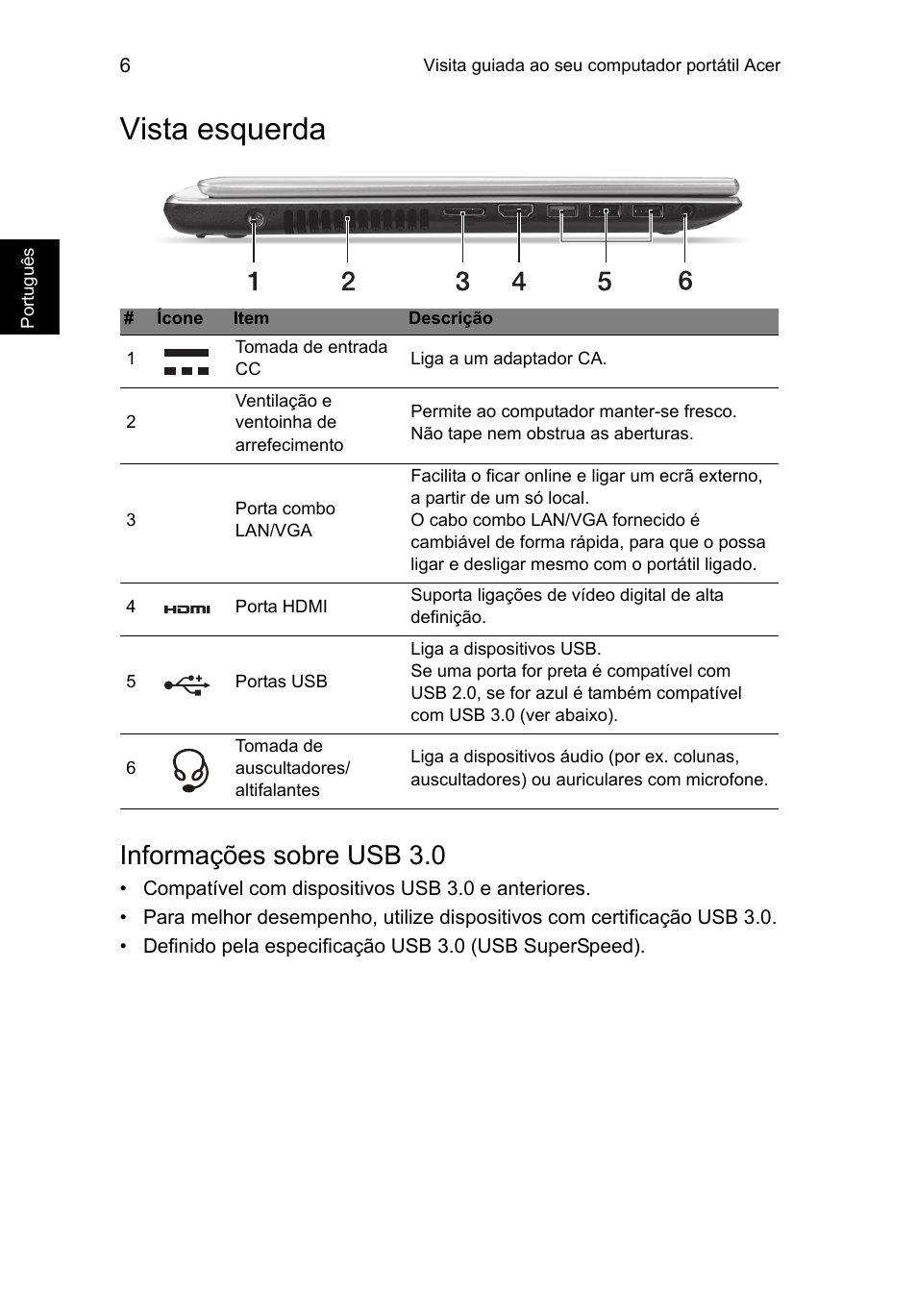 Vista esquerda, Informações sobre usb 3.0 | Acer Aspire V5-471PG User Manual | Page 69 / 357
