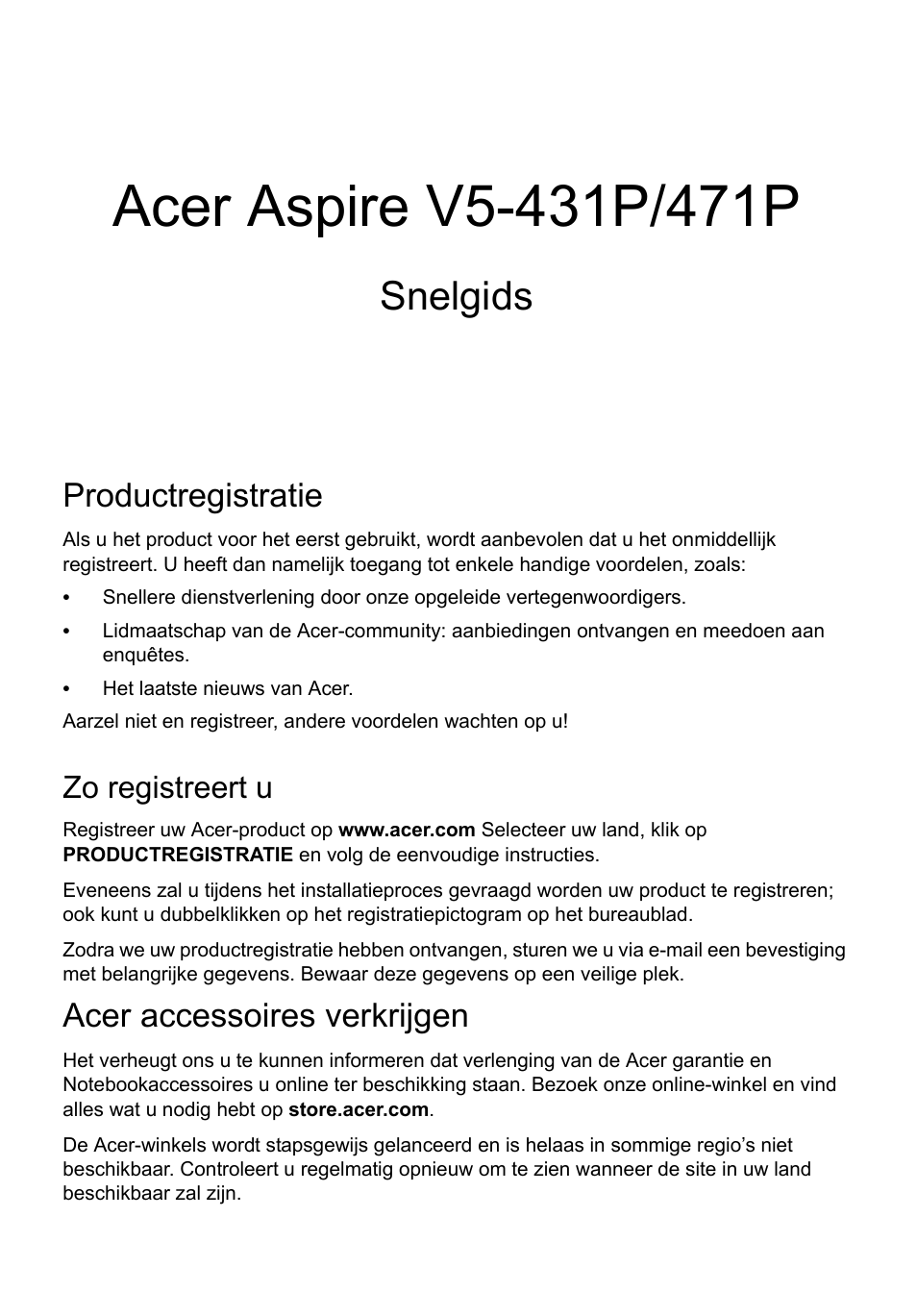 Nederlands, Productregistratie, Zo registreert u | Acer accessoires verkrijgen, Snelgids | Acer Aspire V5-471PG User Manual | Page 76 / 357