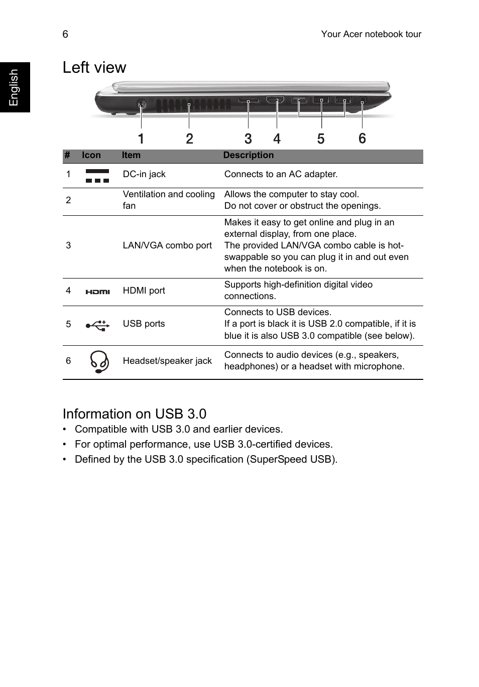 Left view, Information on usb 3.0 | Acer Aspire V5-471PG User Manual | Page 8 / 357