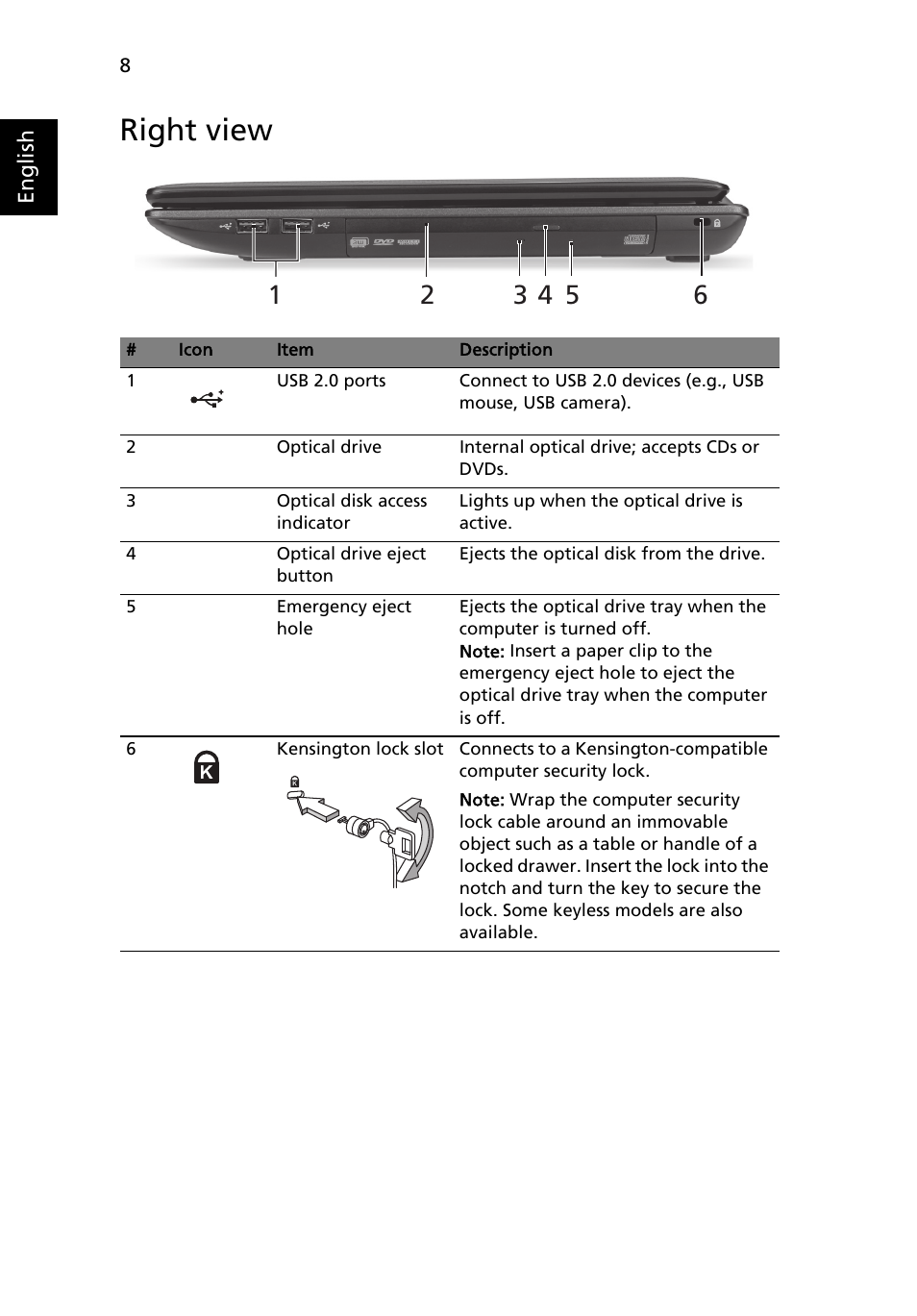 Right view | Acer Aspire 5250 User Manual | Page 10 / 315