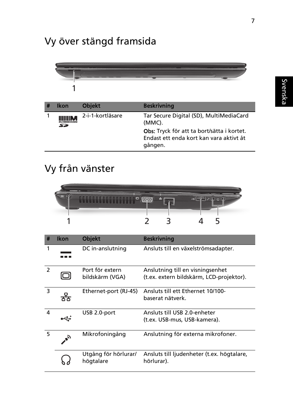 Vy över stängd framsida, Vy från vänster, Vy över stängd framsida vy från vänster | Acer Aspire 5250 User Manual | Page 103 / 315