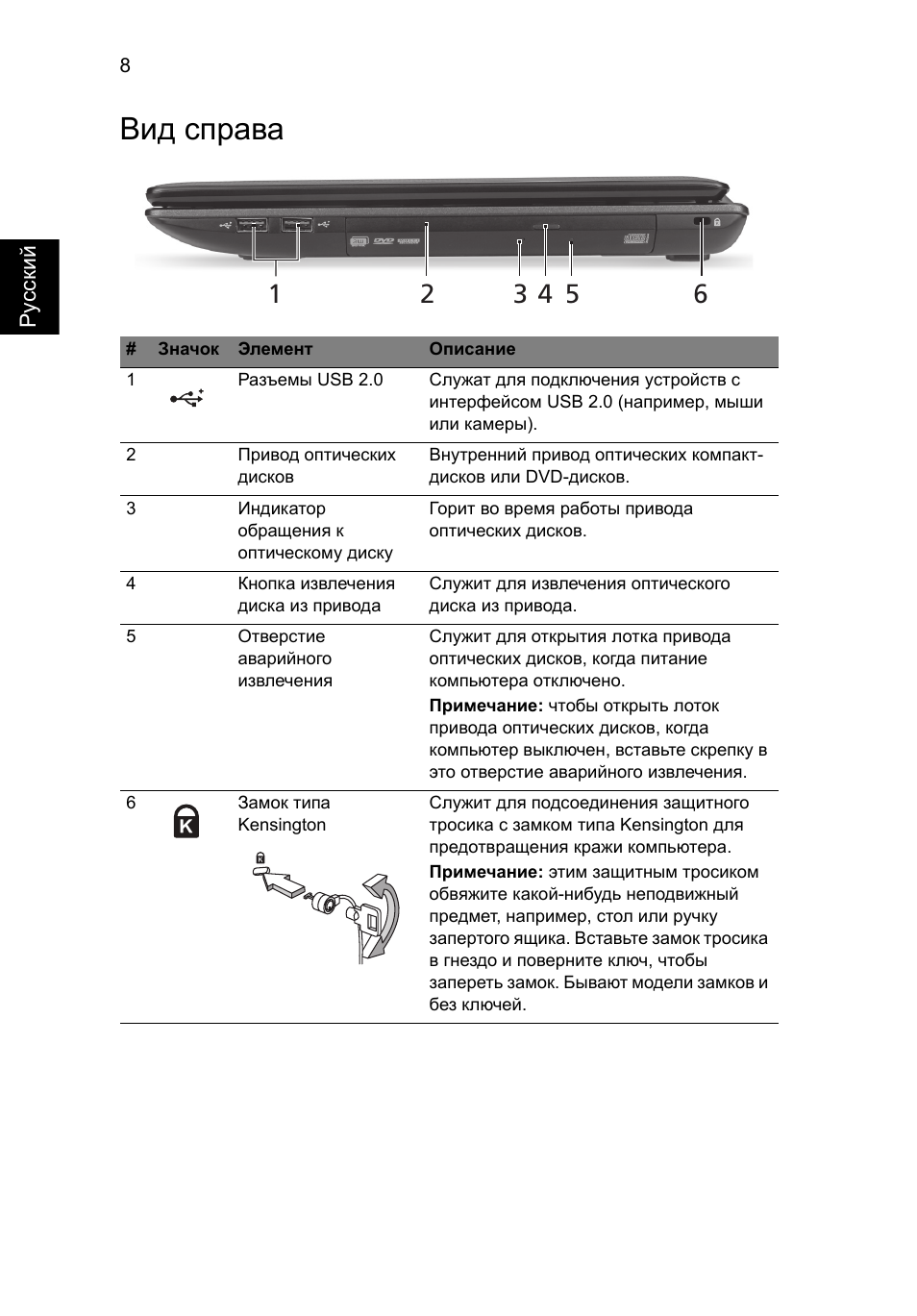 Вид справа | Acer Aspire 5250 User Manual | Page 124 / 315