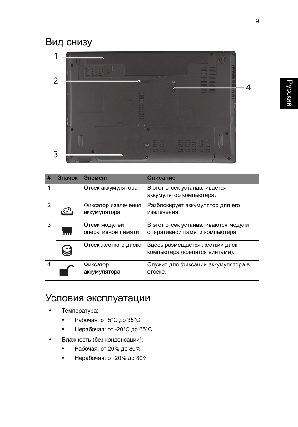 Вид снизу, Условия эксплуатации, Вид снизу условия эксплуатации | Acer Aspire 5250 User Manual | Page 125 / 315