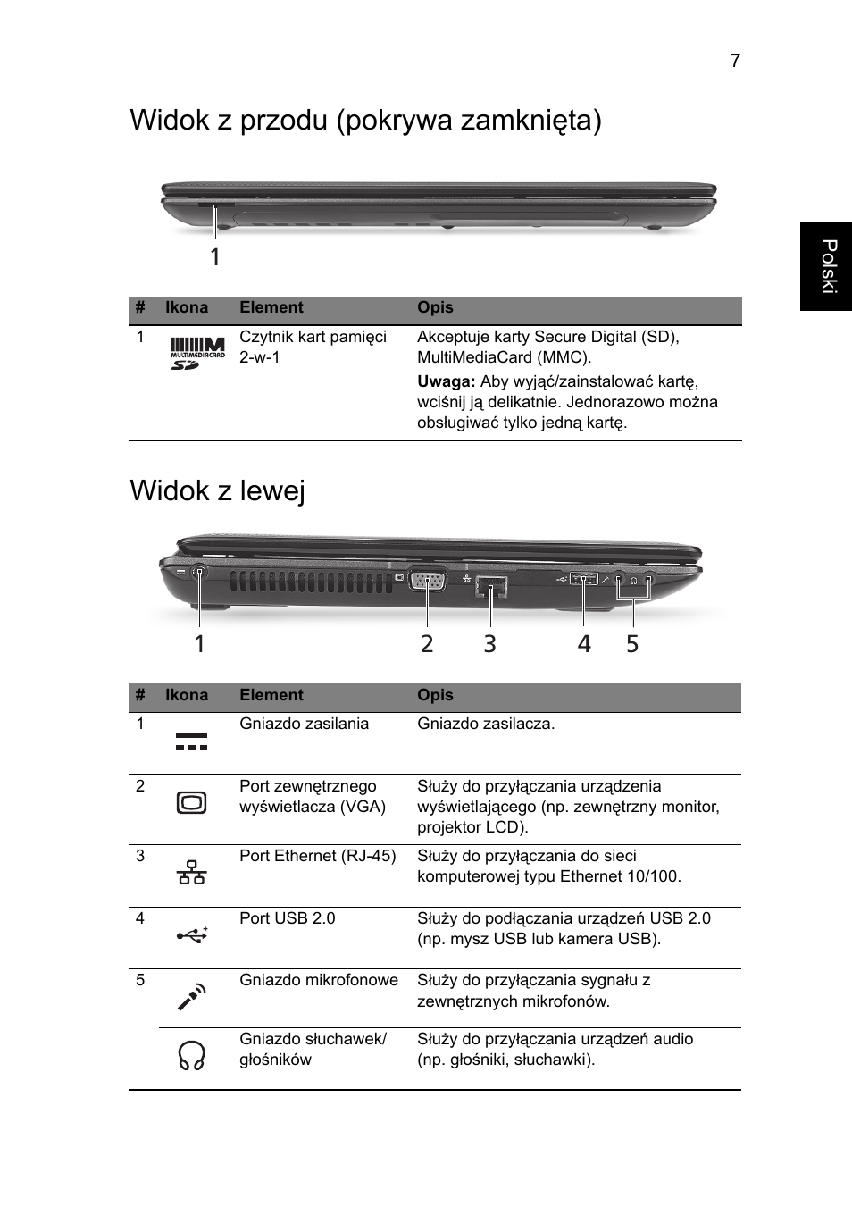 Widok z przodu (pokrywa zamknięta), Widok z lewej, Widok z przodu (pokrywa zamknięta) widok z lewej | Acer Aspire 5250 User Manual | Page 133 / 315