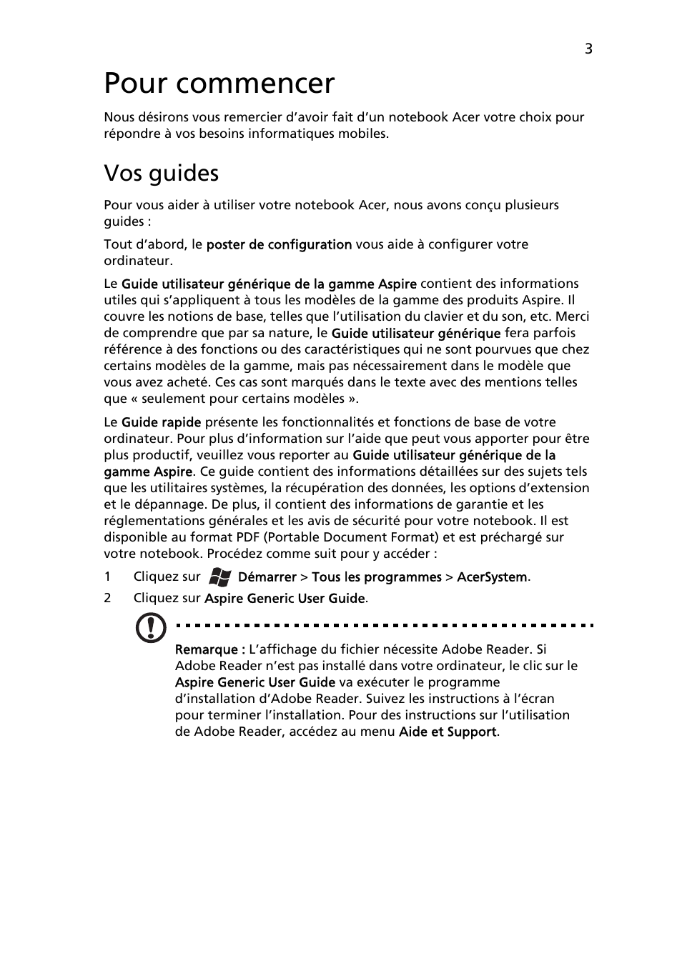 Pour commencer, Vos guides | Acer Aspire 5250 User Manual | Page 15 / 315