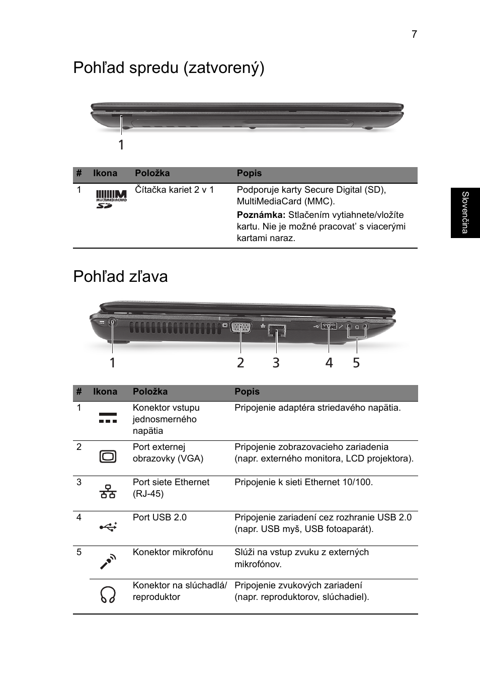 Pohľad spredu (zatvorený), Pohľad zľava, Pohľad spredu (zatvorený) pohľad zľava | Acer Aspire 5250 User Manual | Page 163 / 315
