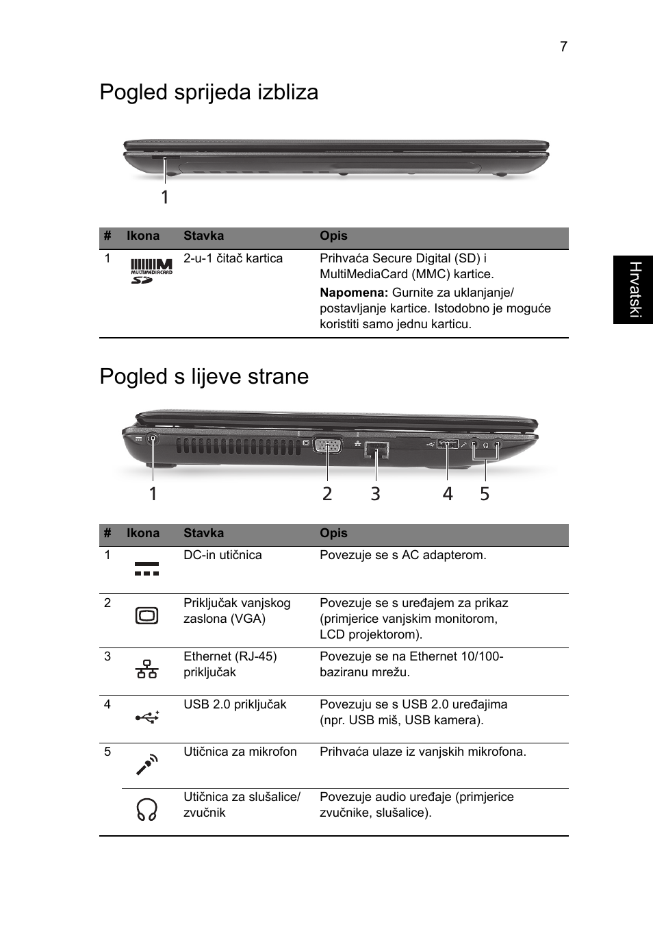 Pogled sprijeda izbliza, Pogled s lijeve strane, Pogled sprijeda izbliza pogled s lijeve strane | Acer Aspire 5250 User Manual | Page 183 / 315