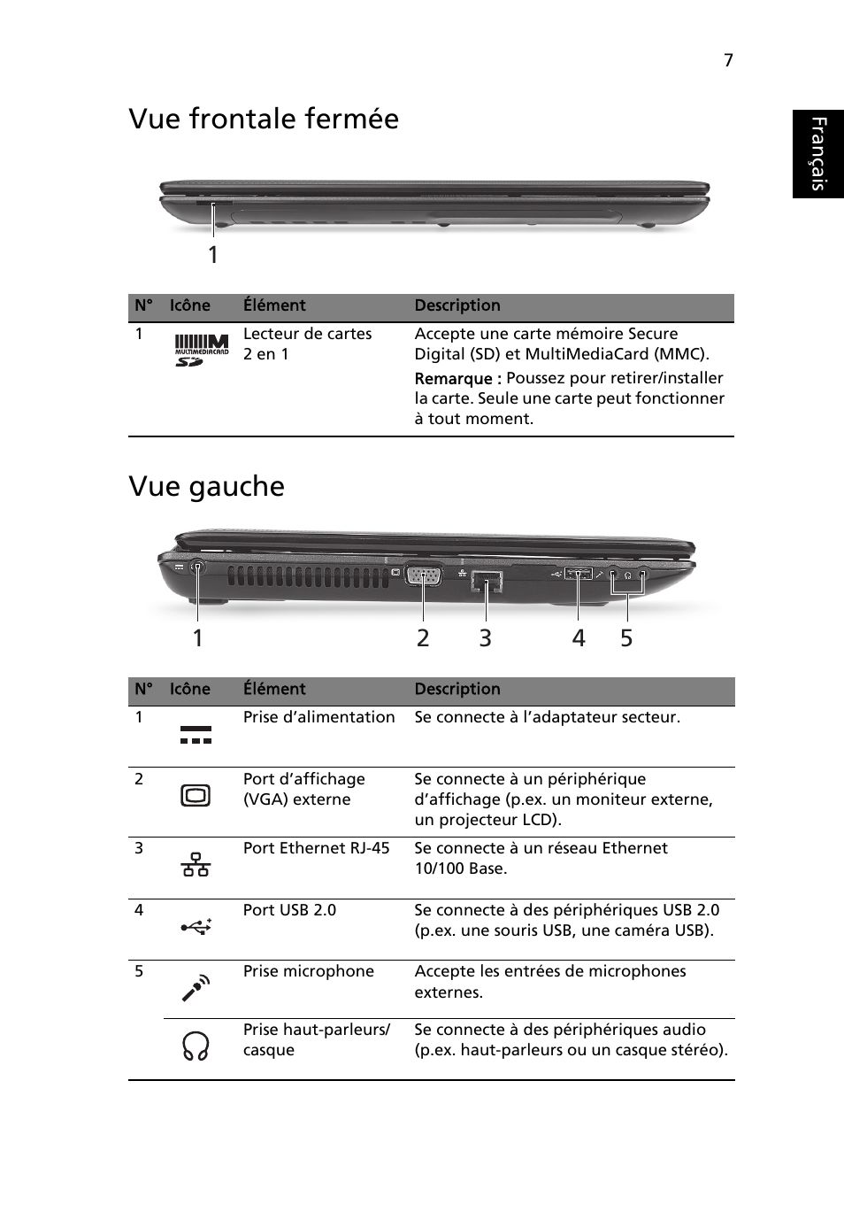 Vue frontale fermée, Vue gauche, Vue frontale fermée vue gauche | Français | Acer Aspire 5250 User Manual | Page 19 / 315