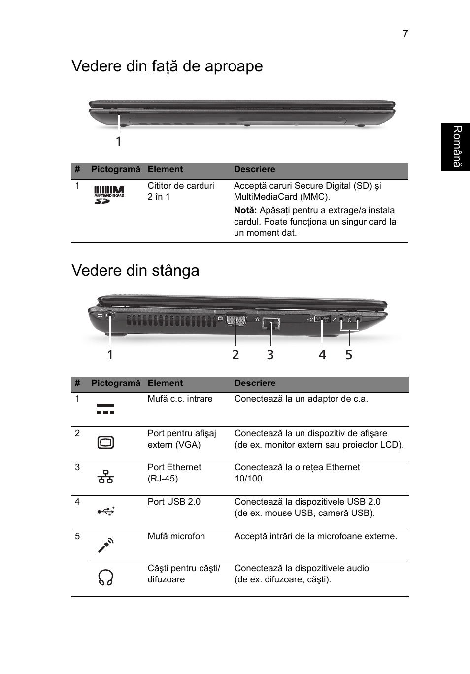 Vedere din faţă de aproape, Vedere din stânga, Vedere din faţă de aproape vedere din stânga | Acer Aspire 5250 User Manual | Page 193 / 315