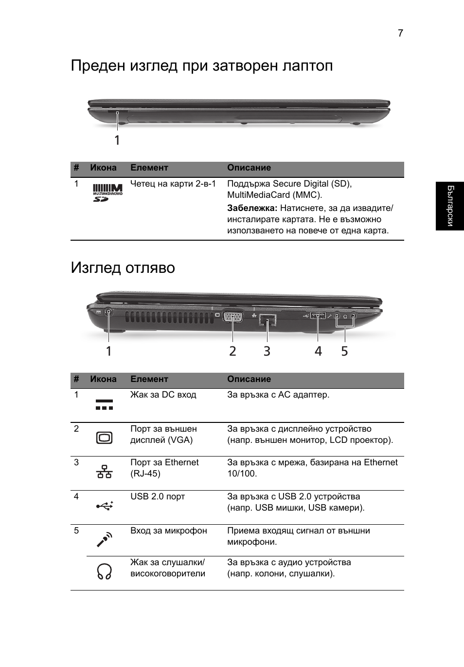 Преден изглед при затворен лаптоп, Изглед отляво, Преден изглед при затворен лаптоп изглед отляво | Acer Aspire 5250 User Manual | Page 203 / 315