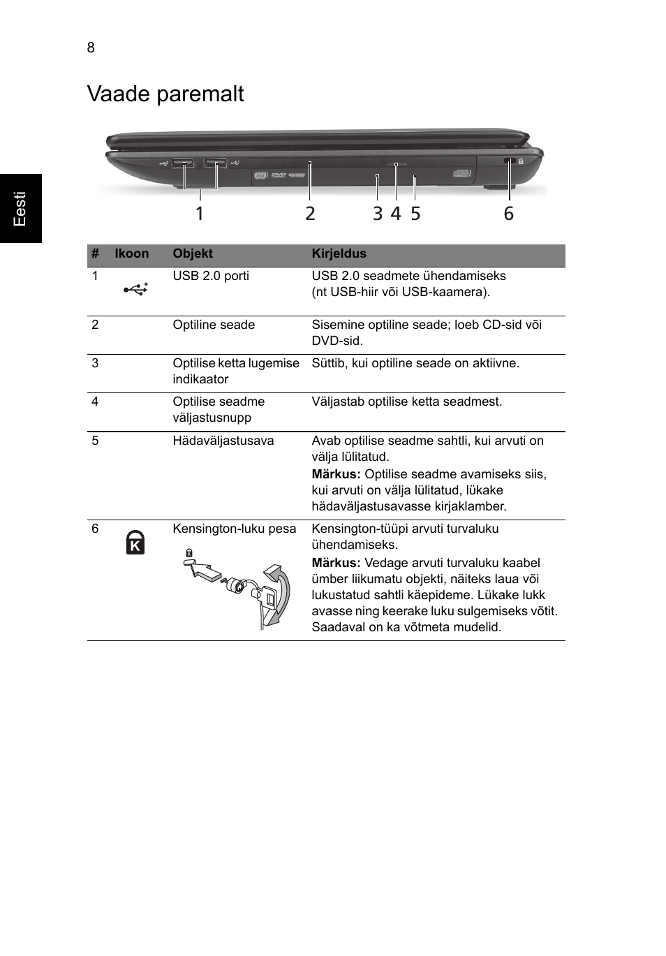 Vaade paremalt | Acer Aspire 5250 User Manual | Page 214 / 315