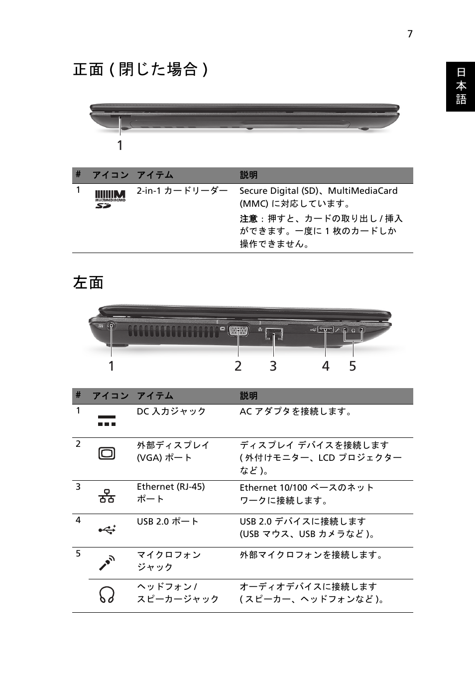 正面 (閉じた場合), 正面 ( 閉じた場合 ) 左面 | Acer Aspire 5250 User Manual | Page 263 / 315