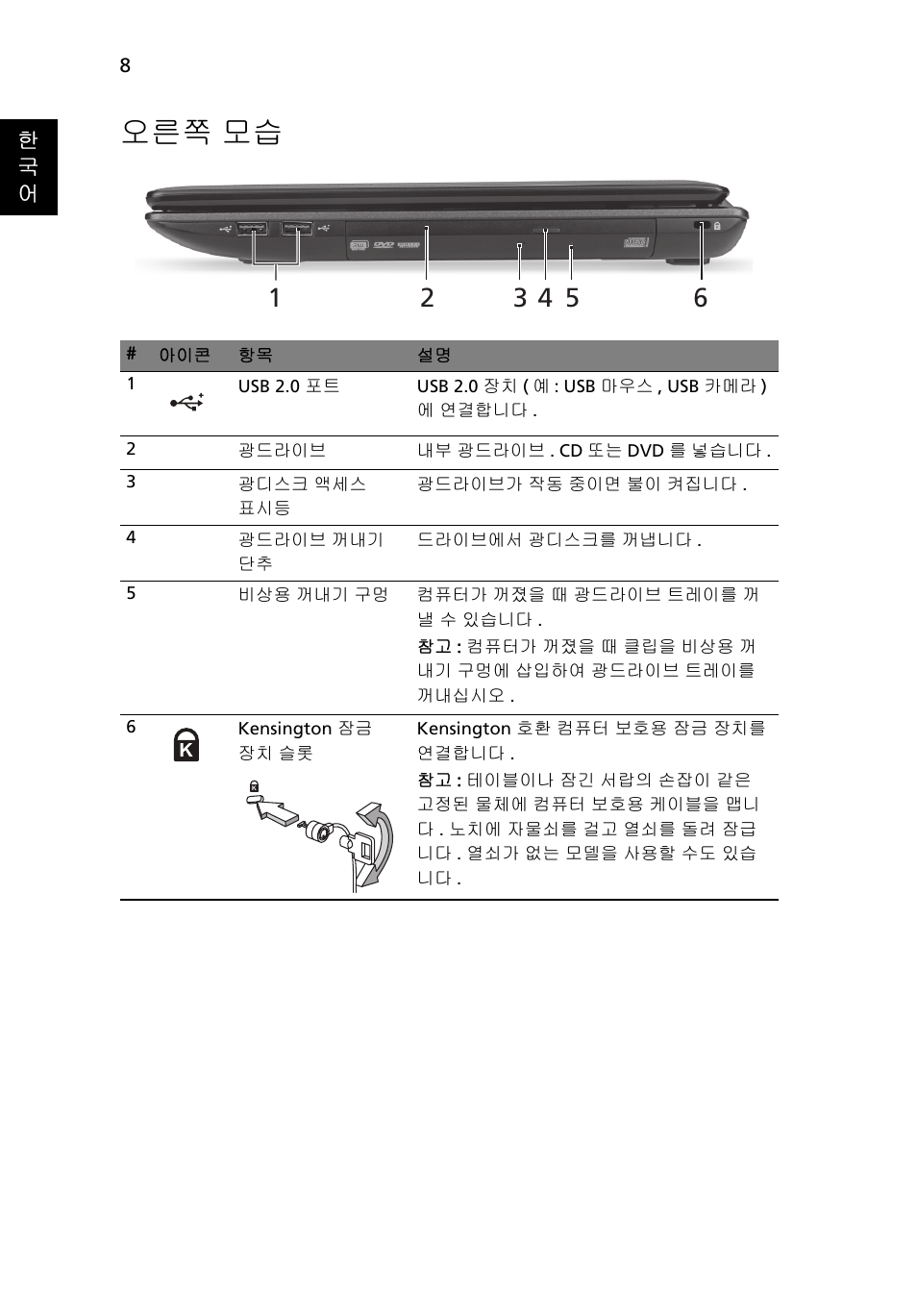 오른쪽 모습 | Acer Aspire 5250 User Manual | Page 274 / 315