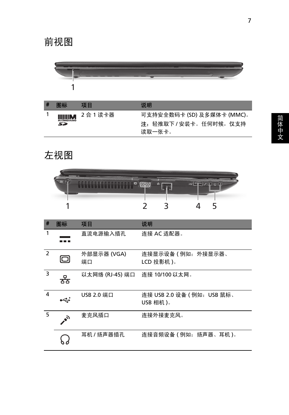 前视图 左视图 | Acer Aspire 5250 User Manual | Page 293 / 315