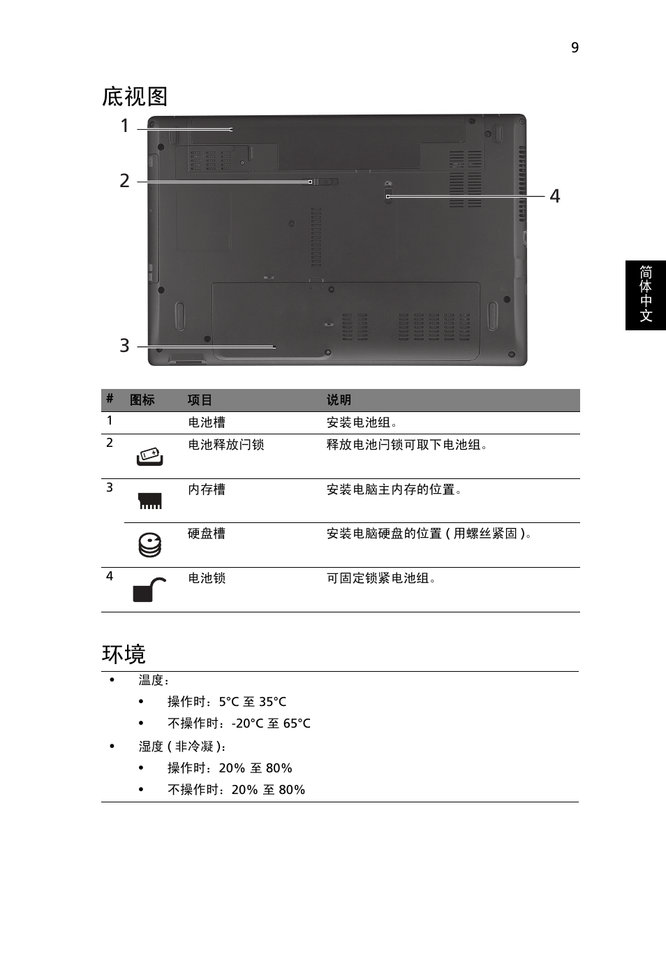 底视图 环境 | Acer Aspire 5250 User Manual | Page 295 / 315