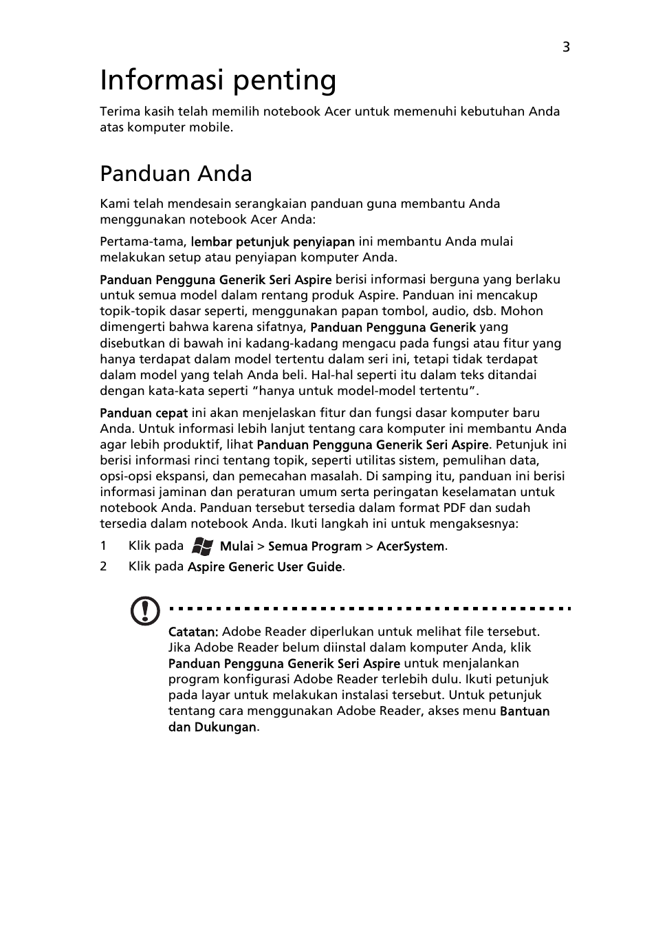 Informasi penting, Panduan anda | Acer Aspire 5250 User Manual | Page 299 / 315