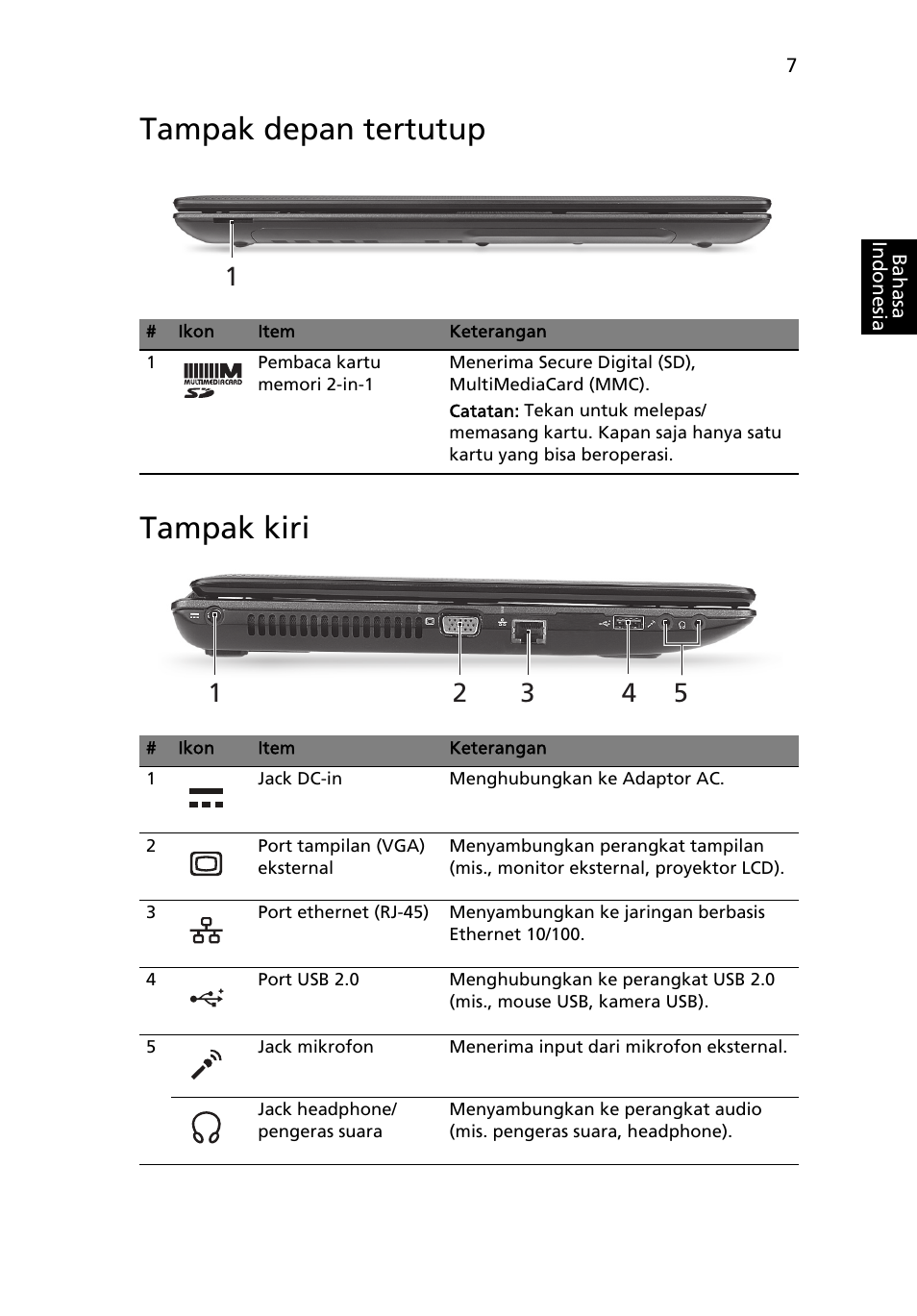 Tampak depan tertutup, Tampak kiri, Tampak depan tertutup tampak kiri | Acer Aspire 5250 User Manual | Page 303 / 315