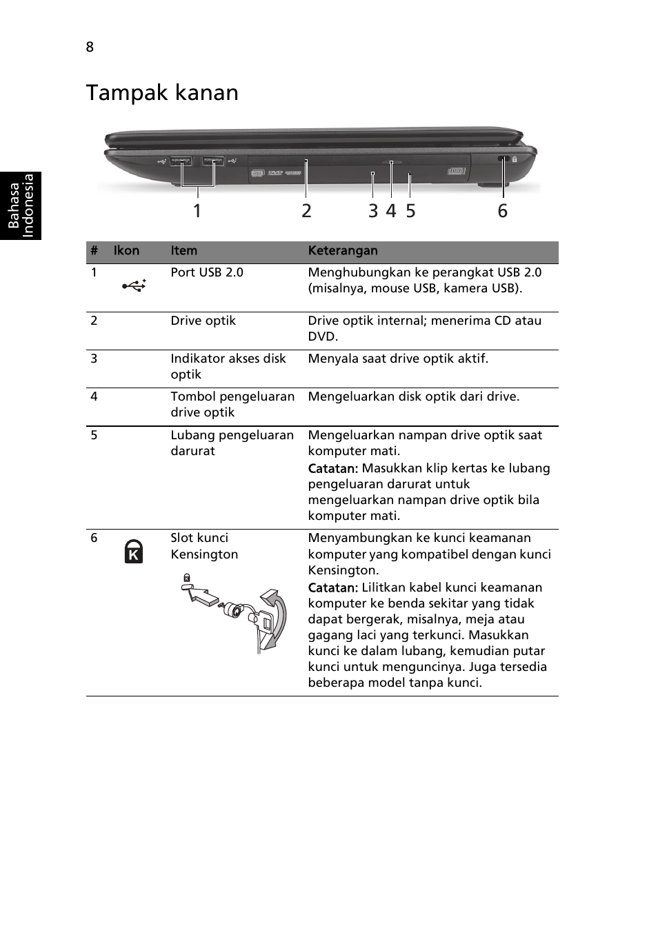 Tampak kanan | Acer Aspire 5250 User Manual | Page 304 / 315