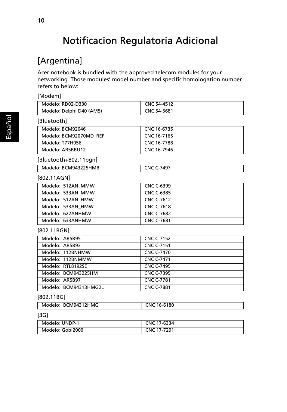 Notificacion regulatoria adicional, Argentina, Esp añol | Acer Aspire 5250 User Manual | Page 52 / 315