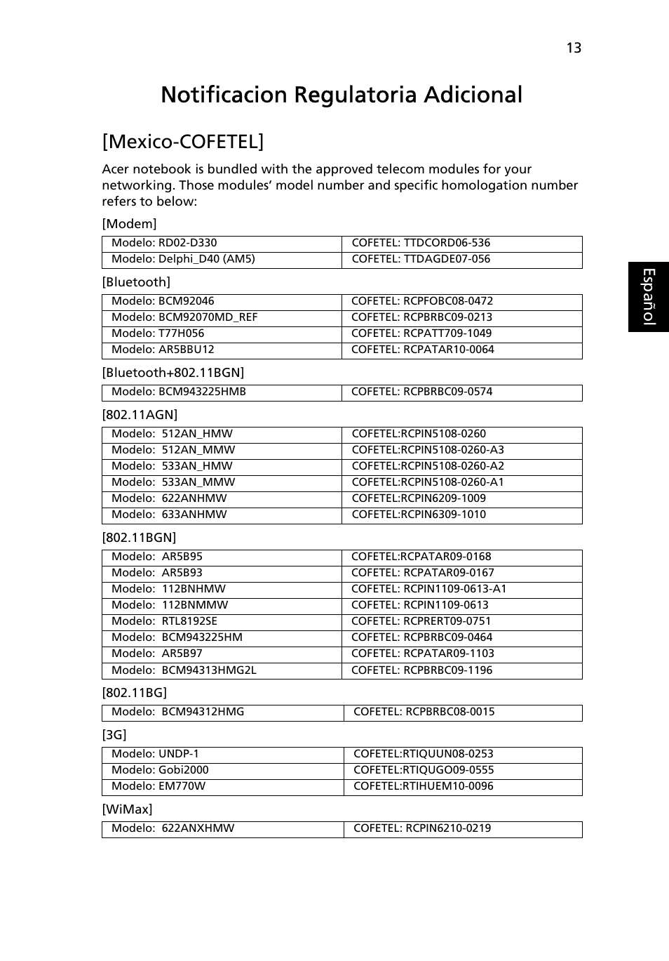 Notificacion regulatoria adicional, Mexico-cofetel, Eng lish es paño l | Acer Aspire 5250 User Manual | Page 55 / 315