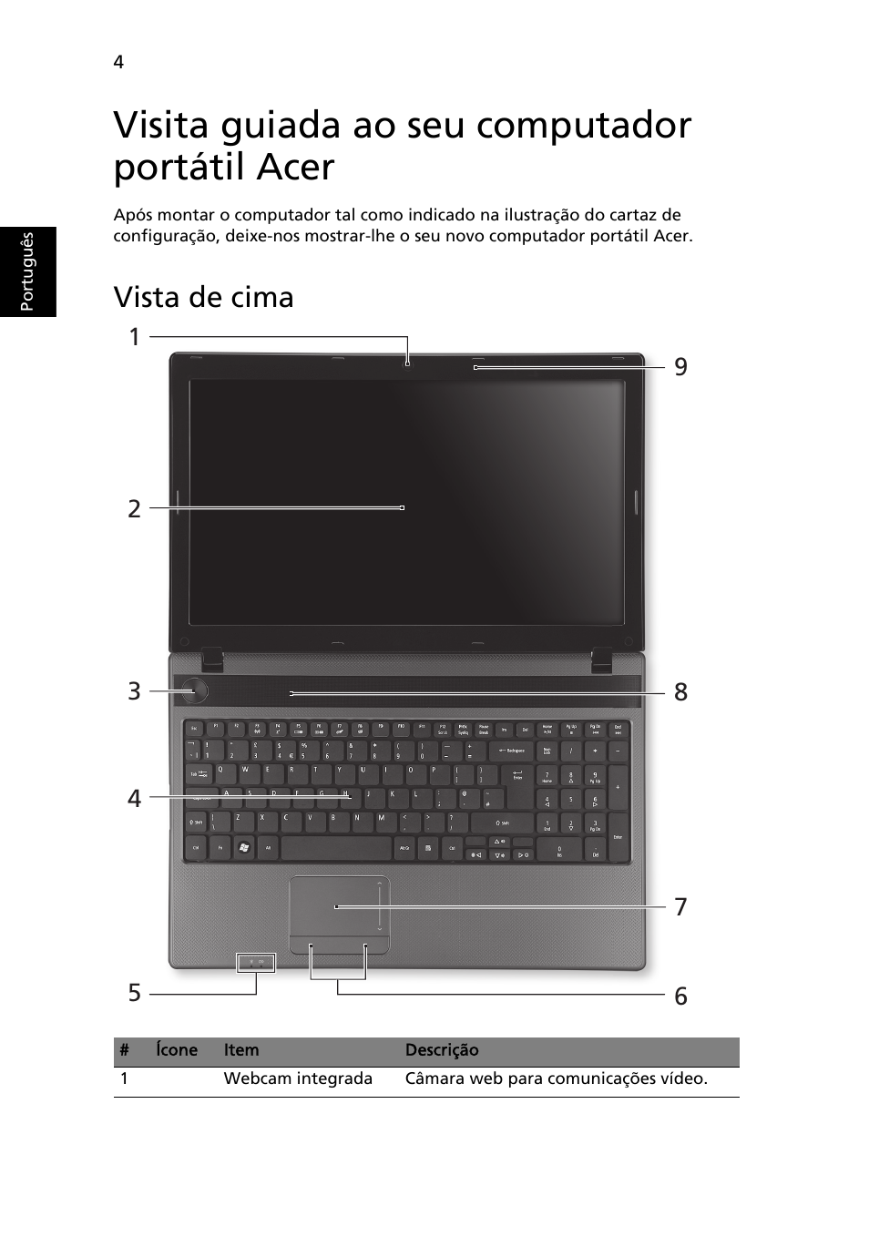 Visita guiada ao seu computador portátil acer, Vista de cima | Acer Aspire 5250 User Manual | Page 60 / 315