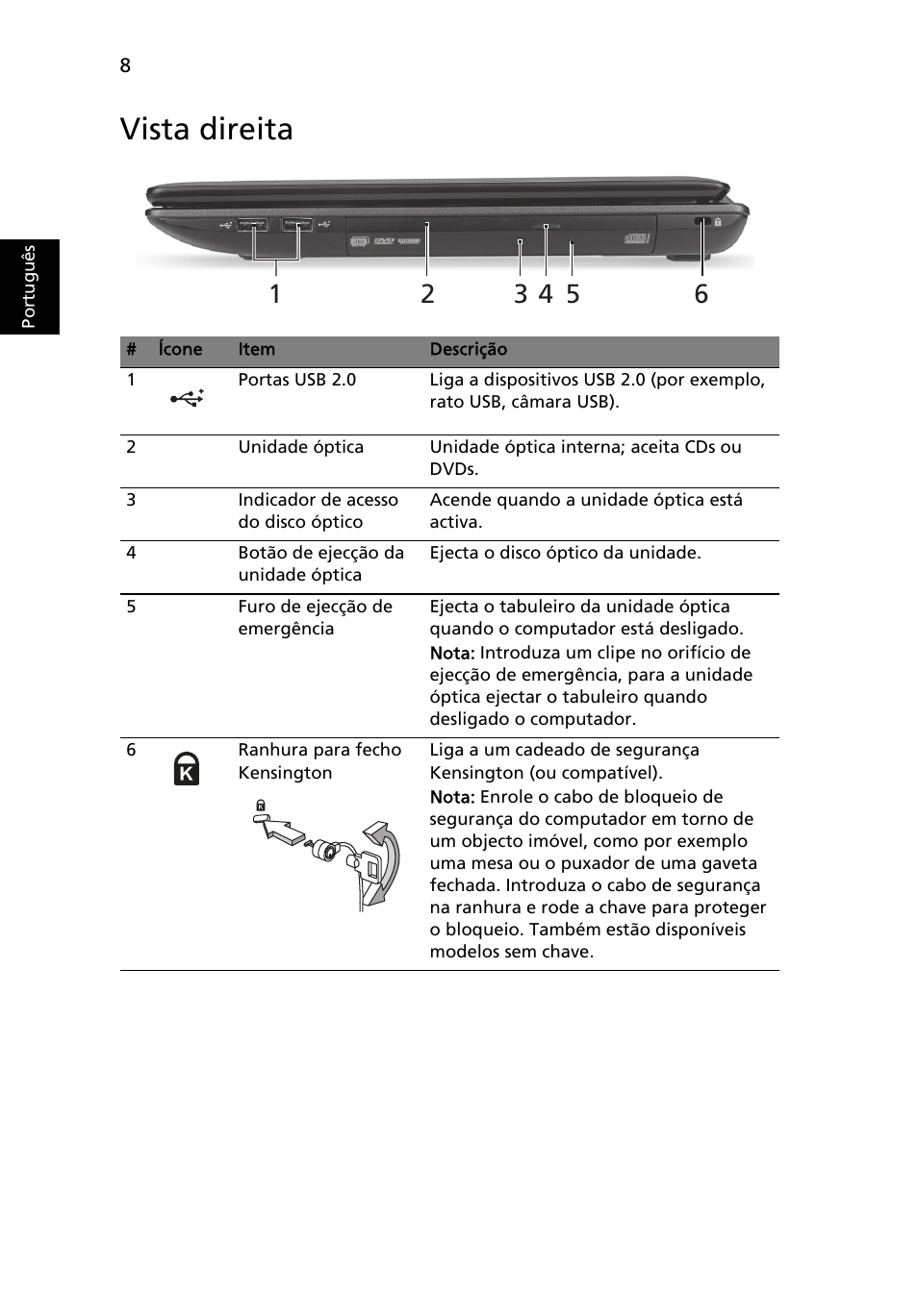 Vista direita | Acer Aspire 5250 User Manual | Page 64 / 315