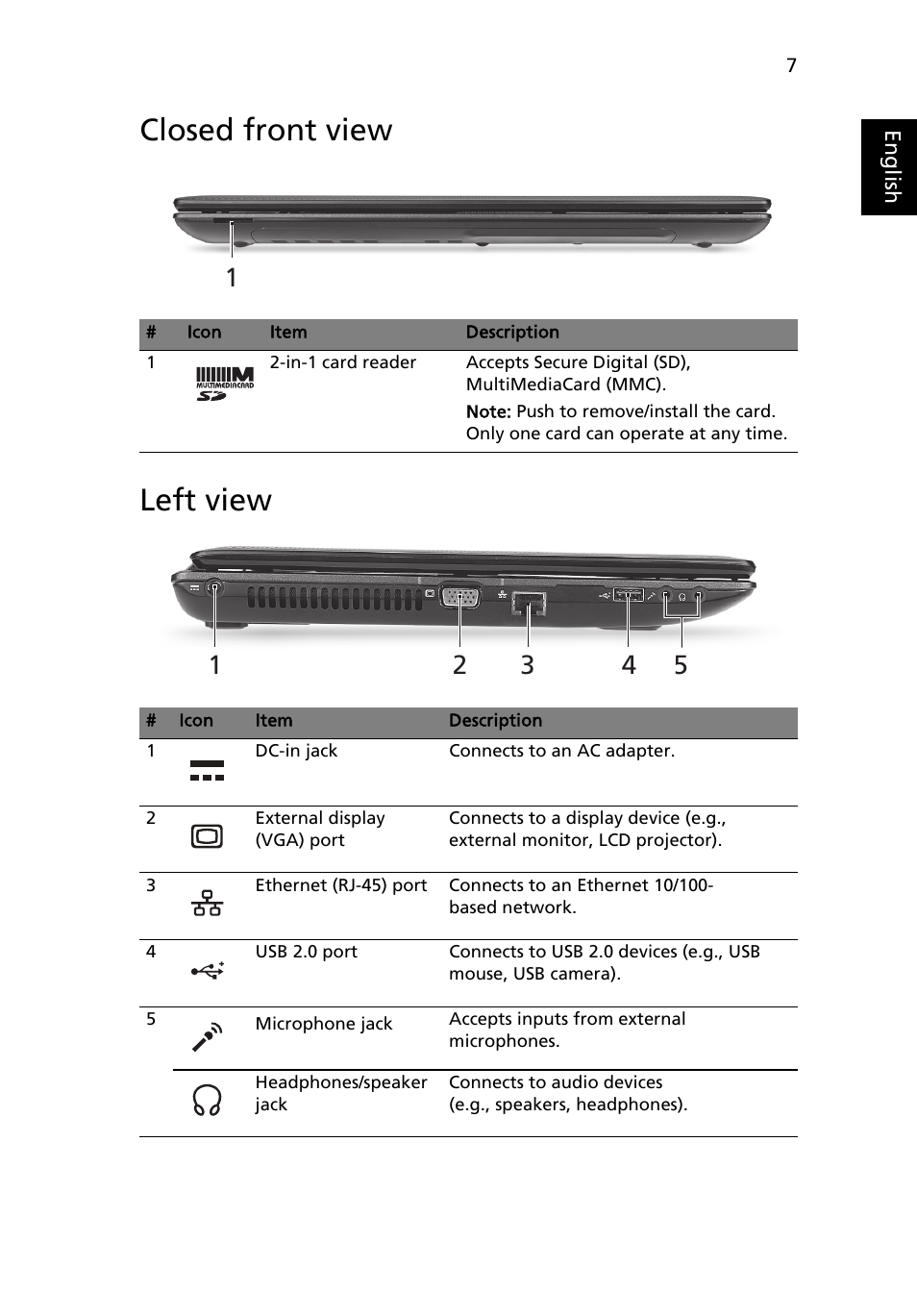Closed front view, Closed front view left view | Acer Aspire 5250 User Manual | Page 9 / 315